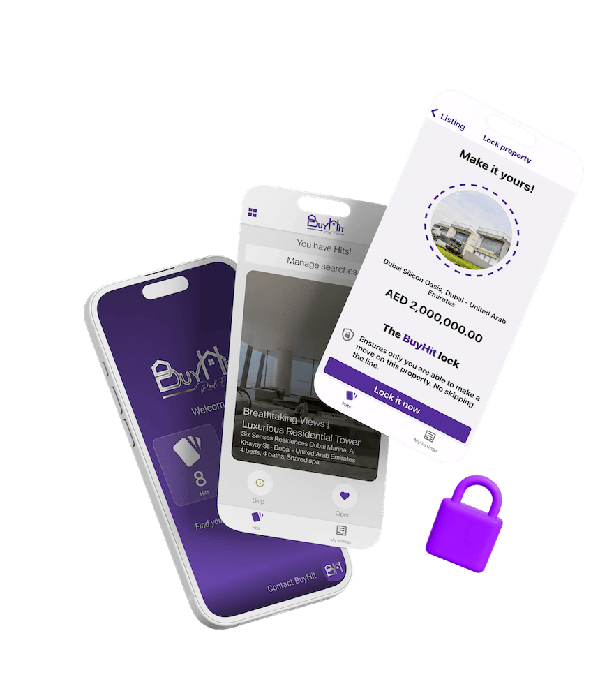 Phone displaying various BuyHit app screens
