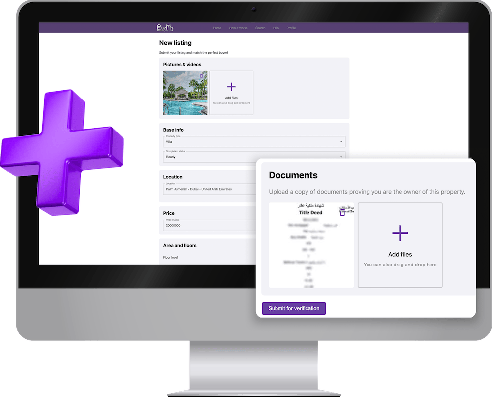 Computer showing BuyHit 'New listing' form including ownership documents verification.